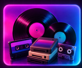 Neon retro media collage featuring vinyl records, cassette tapes, and stacked 8-track tapes